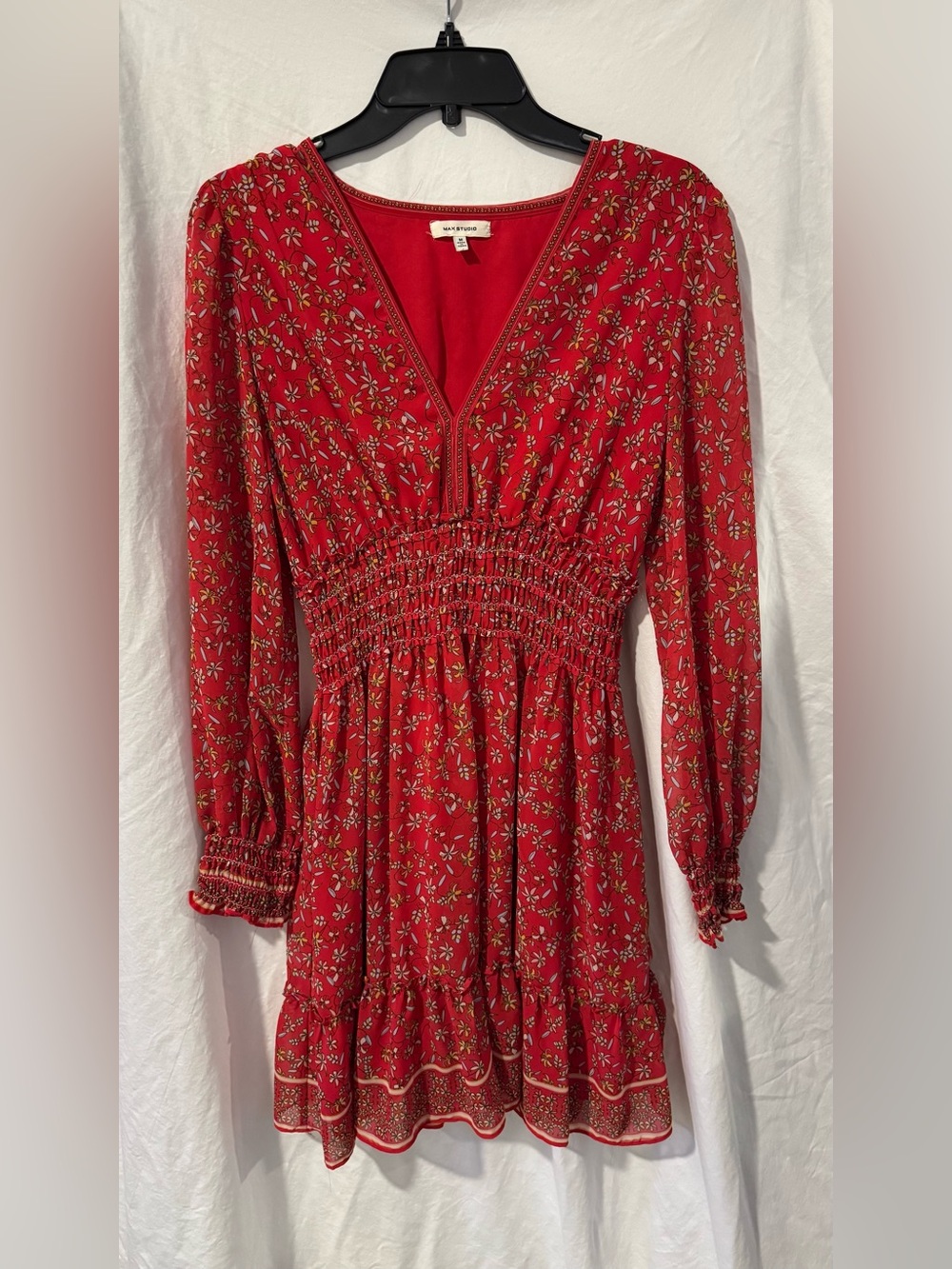 Max Studio Red Floral Long Sleeve Smocked Waist Dress